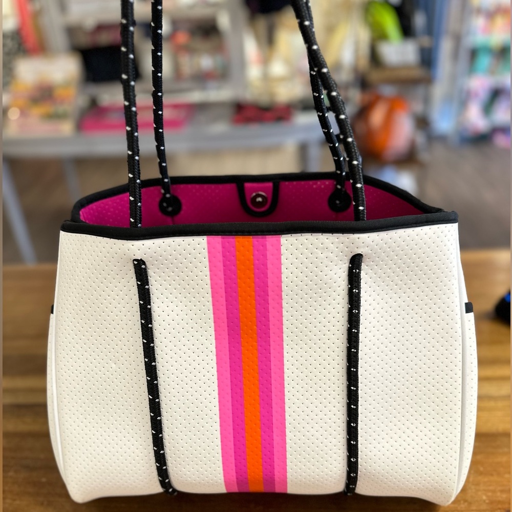 HAUTE SHORE White Tote with Pink and Orange Stripe